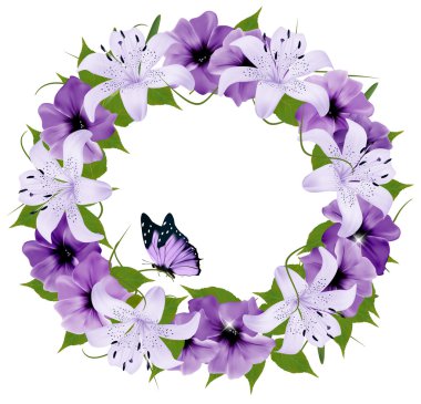 Border Of Colorful Flowers and Butterfly. Vector illustration