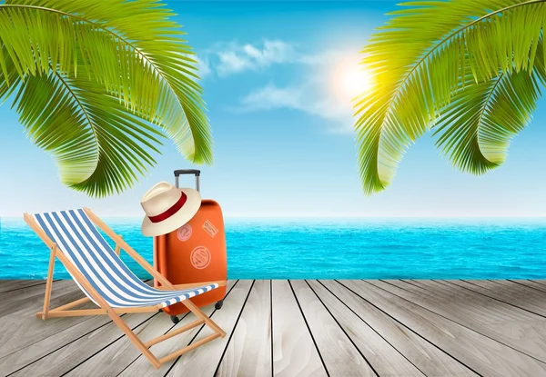 Fondo de vacaciones. Playa con palmeras y mar azul. Vector . — Vector de stock