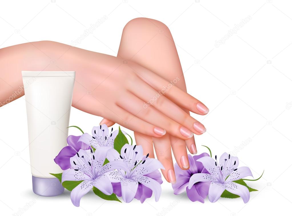 Beautiful young female hands with a cream and purple flowers. Ve