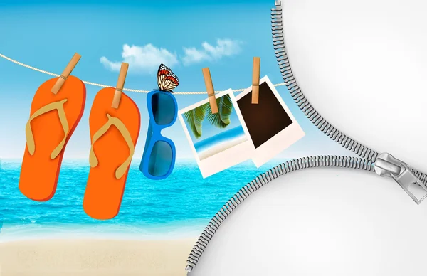 Vacation background with a zipper. Flip flops, sunglasses, photo — Stock Vector