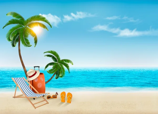 Playa tropical con palmeras, una silla de playa y una maleta. Vacat. — Vector de stock