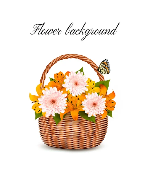 Καλοκαίρι φόντο. καλάθι γεμάτο λουλούδια και μια πεταλούδα. vecto — Διανυσματικό Αρχείο