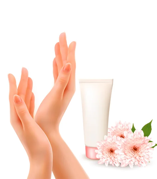 Mooie vrouwelijke handen met een crème en bloemen. vector. — Stockvector