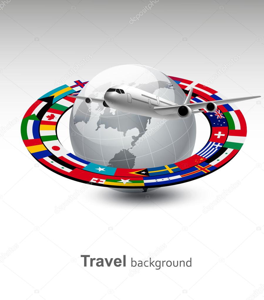 Travel background. Globe with a plane and a strip of flags. Vect