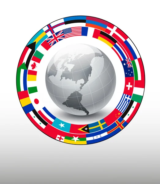 Travel background. Globe with a strip of flags. Vector. — Stock Vector