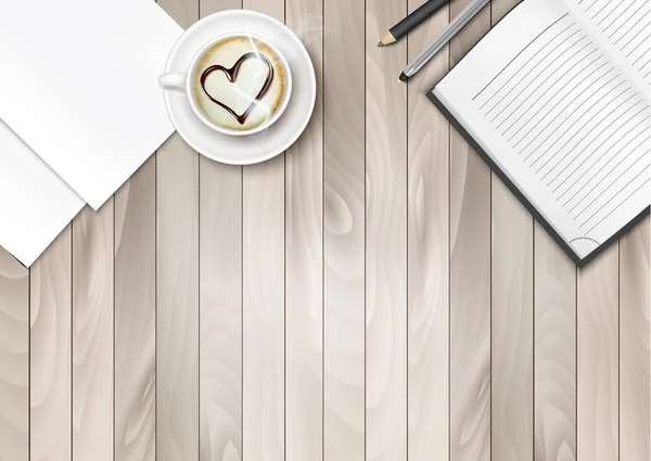 Kopje koffie met Shape hart en Notebook op een houten bureau. — Stockvector