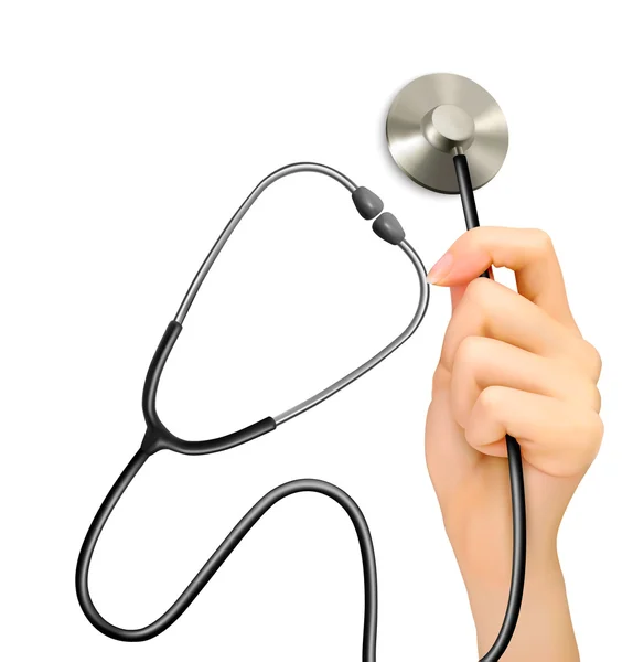 Medizinischer Hintergrund mit einer Hand, die ein Stethoskop hält. Vektor. — Stockvektor