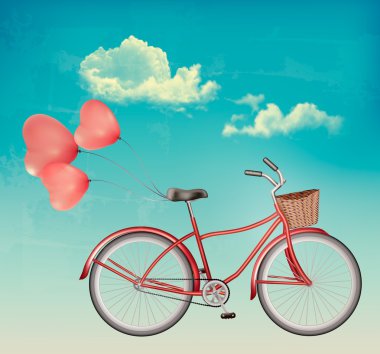 Retro Bisiklet kırmızı kalpli balon şeklinde. Vektör.
