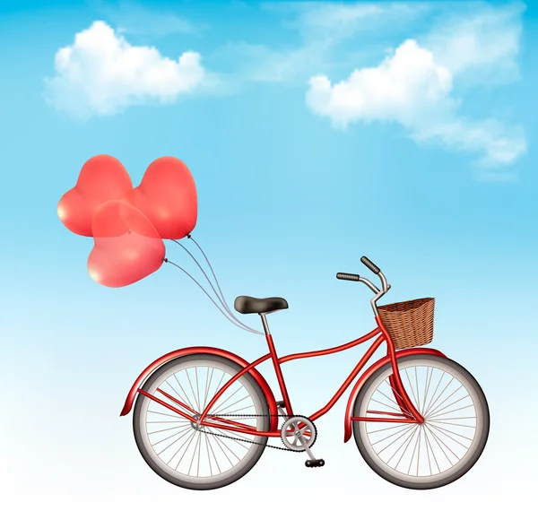 Bicicleta com balões em forma de coração vermelho na frente de um céu azul ba —  Vetores de Stock