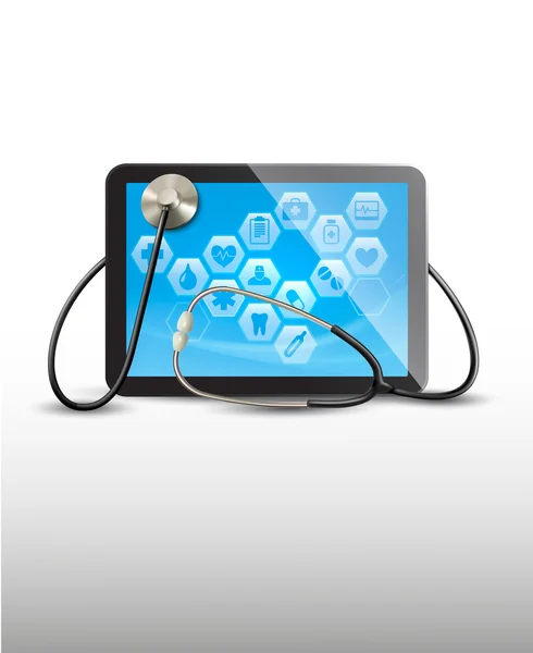 Tablet with medical icons and a stethoscope. Vector. — Stock Vector