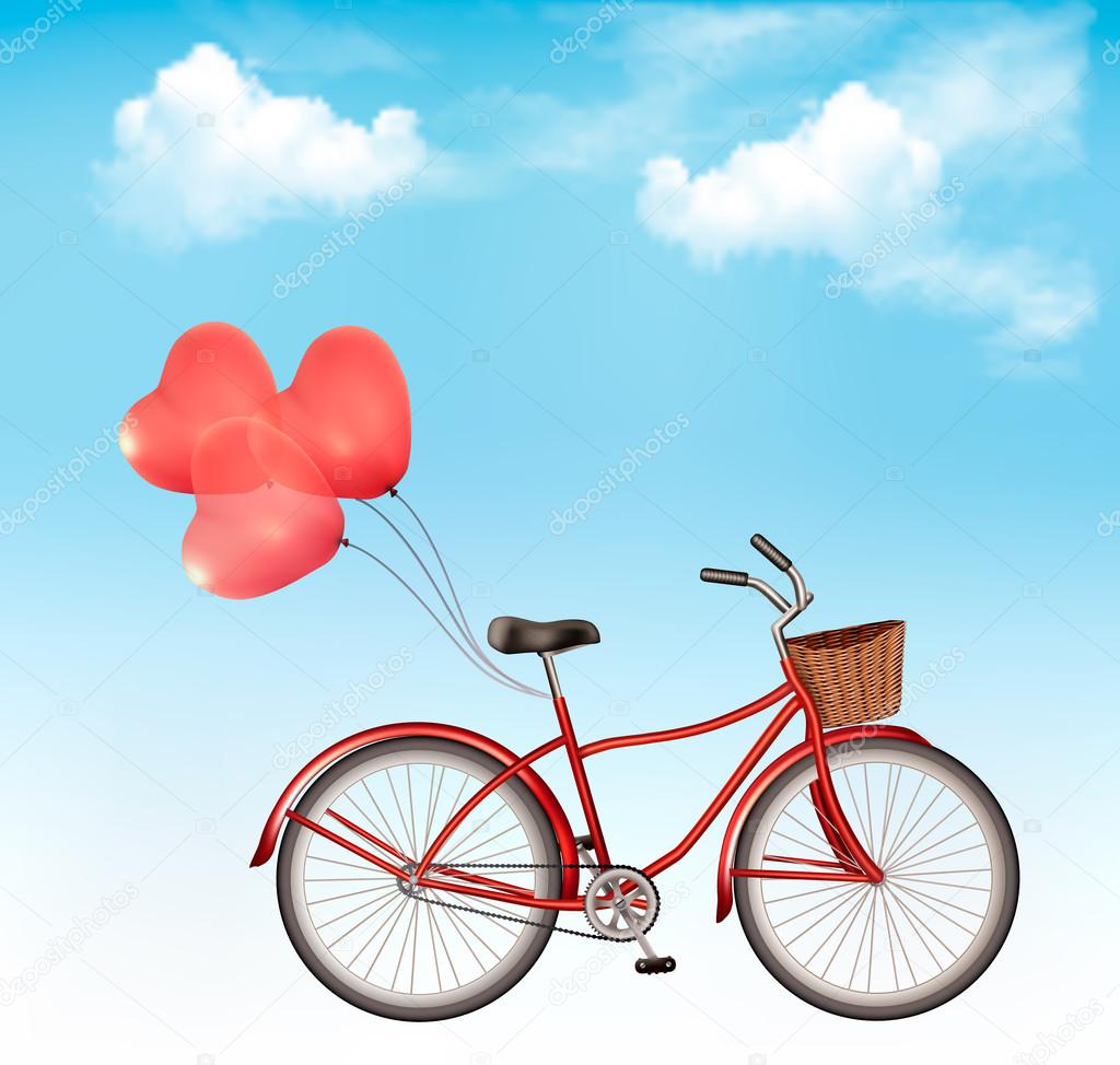Bicycle with red heart shaped balloons in front of a blue sky ba