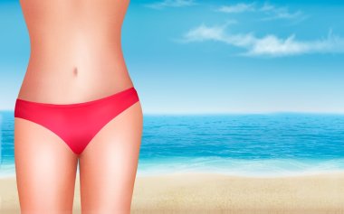 Female body in a swimsuit in front of a seaside background. Vect clipart
