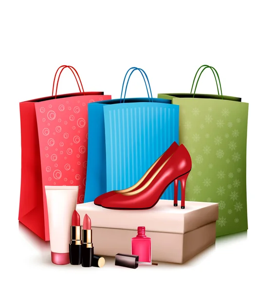 Rote Schuhe und Kosmetik mit bunten Einkaufstaschen. Konzept der — Stockvektor