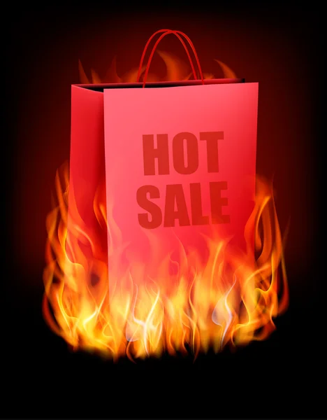 Fondo de venta caliente con bolsa de compras y fuego. Vector . — Vector de stock