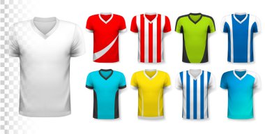 Çeşitli futbol formaları topluluğu. T-shirt şeffaf