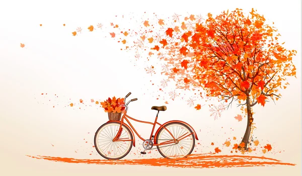 Autumn background with a tree and a bicycle. Vector. — Stock Vector