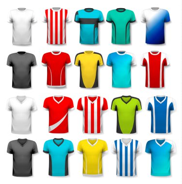 Çeşitli futbol formaları topluluğu. T-shirt şeffaf