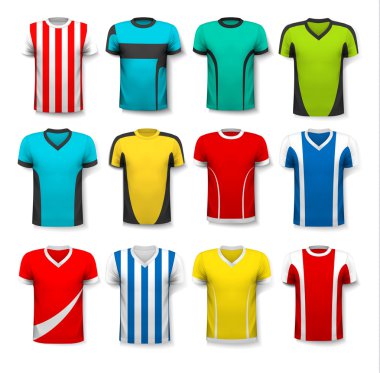 Çeşitli futbol formaları topluluğu. T-shirt şeffaf