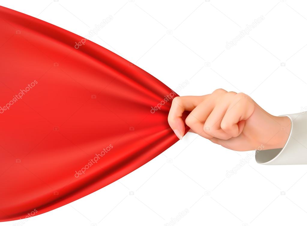 Hand tugging a red cloth with space for text. Vector.