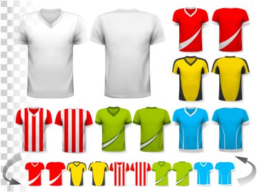 Çeşitli futbol formaları topluluğu. T-shirt şeffaf