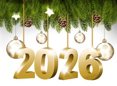 Ağaç çelenkleri, 2026 çöp ve saydam toplarla mutlu yıllar ve Noel tatili çerçevesi. Vektör.