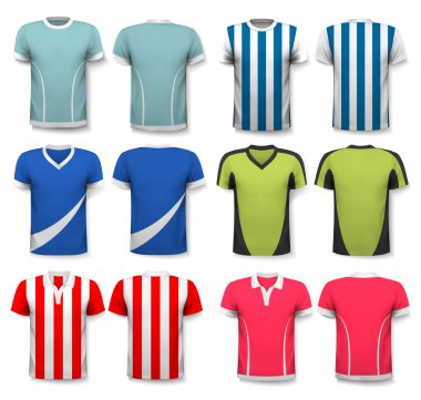 Çeşitli futbol formaları topluluğu. T-shirt şeffaf