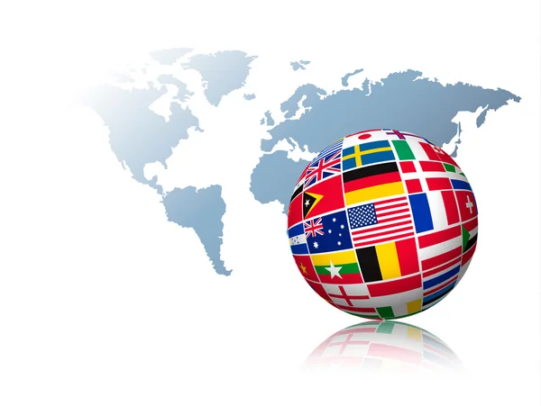 Globe made out of flags on a world map background. Vector. — Stock Vector