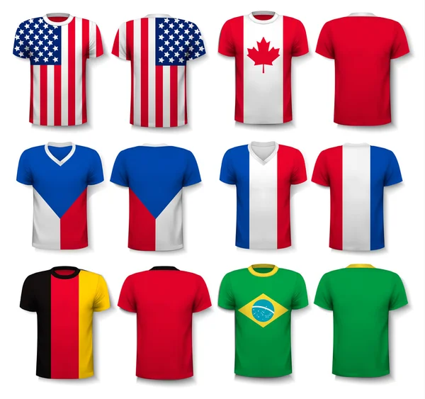 Conjunto de diferentes camisetas con estampados de banderas del mundo. Incluye un — Archivo Imágenes Vectoriales
