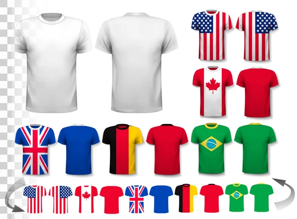 Ensemble de différents T-shirts avec des impressions de drapeaux du monde. Comprend un — Image vectorielle