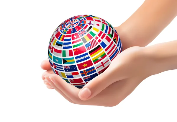 Banderas del mundo en un globo, sostenidas en las manos. Ilustración del vector — Archivo Imágenes Vectoriales