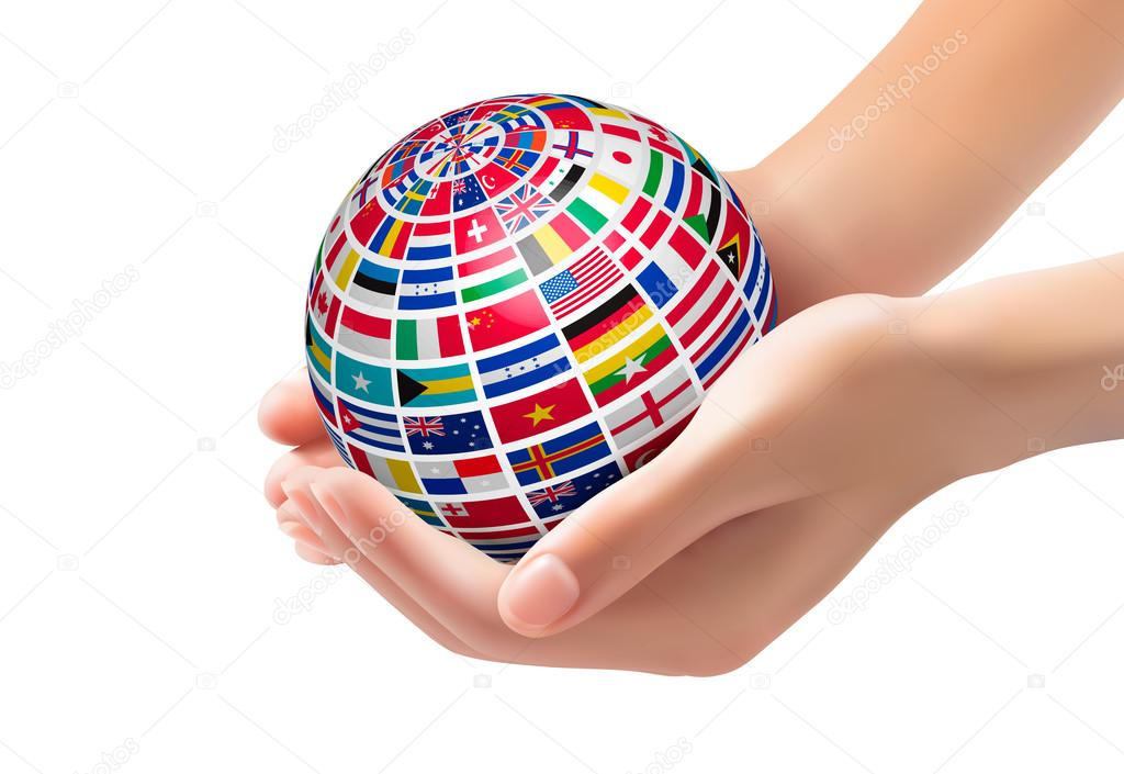 Flags of the world on a globe, held in hands. Vector illustratio