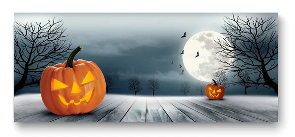 Holiday Halloween Banner with Pumpkins and Moon. Vector