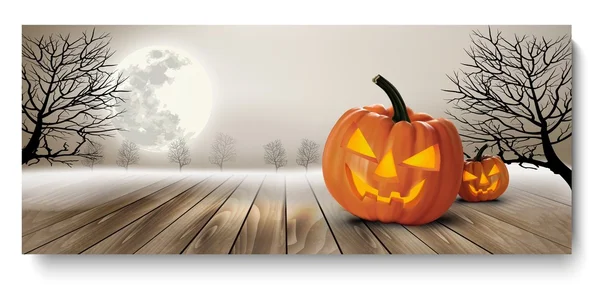 Banner de Halloween con calabazas y luna. Vector — Vector de stock