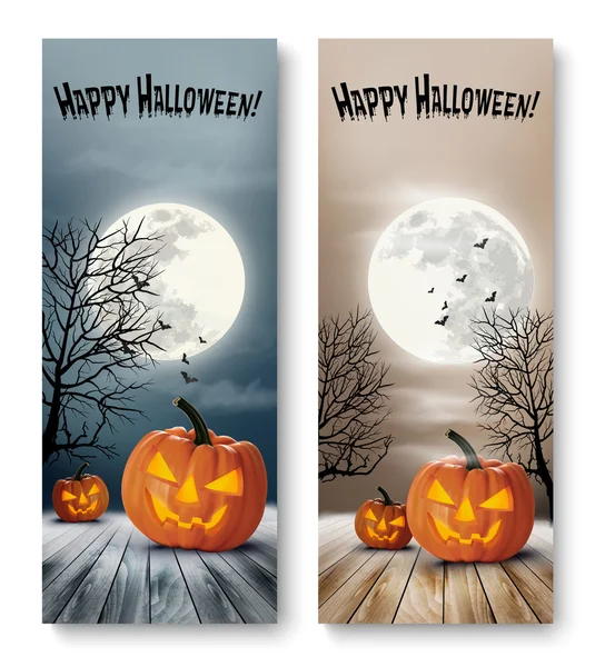 Holiday Halloween Banners med pumpor och månen. Vektor — Stock vektor