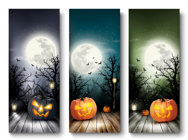 Праздничные баннеры Хэллоуина с тыквами и луной. Вектор — стоковый вектор