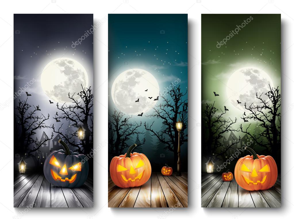 Holiday Halloween Banners with Pumpkins and Moon. Vector