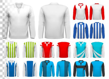Çeşitli futbol formaları topluluğu. T-shirt şeffaf