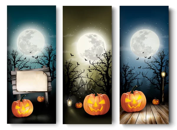 Holiday Halloween Banners with Pumpkins and Wooden Sign. Vector