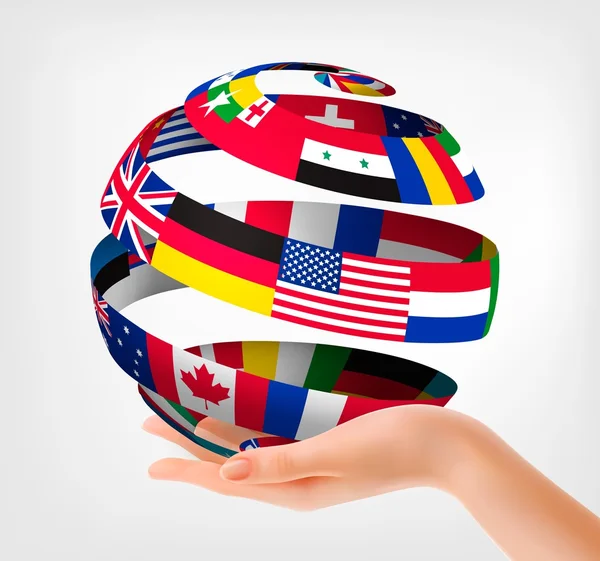 Flags of the world on a globe, held in hand. Vector illustration — Stock Vector