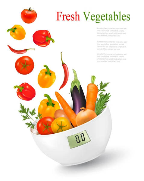 Verduras frescas con en una escala de peso. Concepto de dieta. Vector . — Vector de stock