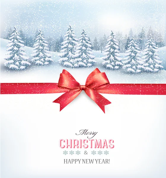 クリスマスの背景に雪の風景、赤の弓。ペイント、ペイント ブラシ — ストックベクタ