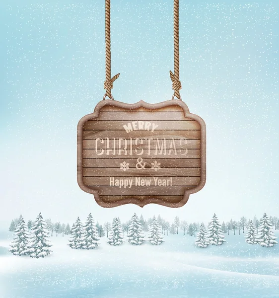 Paysage d'hiver avec une décoration en bois Joyeux Noël signe. Vecte — Image vectorielle
