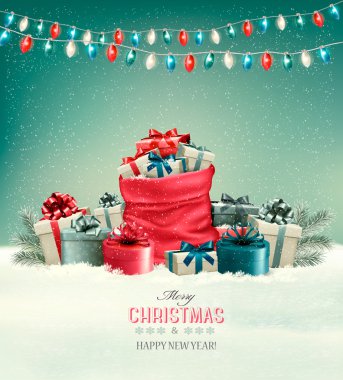 Bir kış manzarası ve bir çuval dolu Noel arka plan 