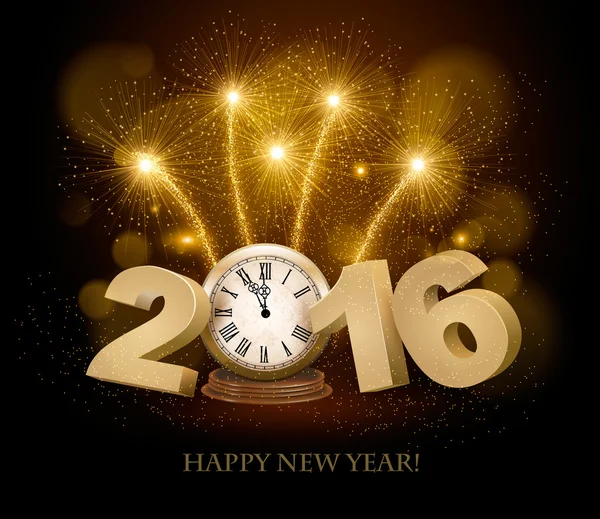 Feliz Año Nuevo con 2016, un reloj y fuegos artificiales. Vect. — Vector de stock