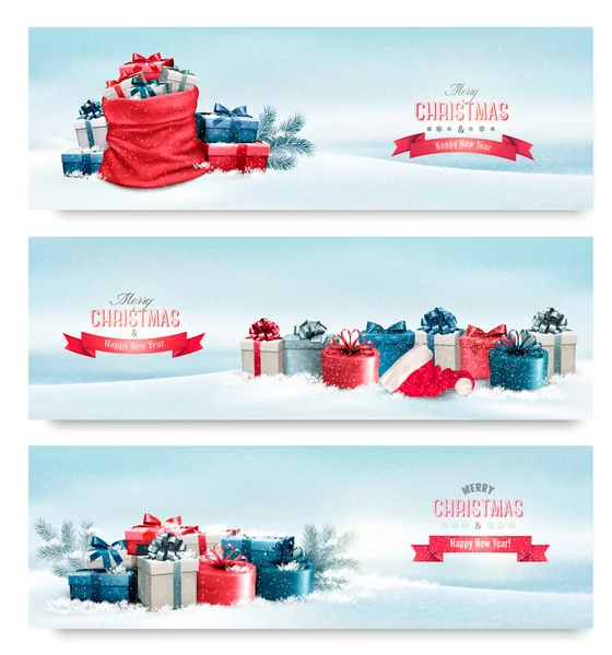 Jul vinter banners med presenterar. vektor. — Stock vektor