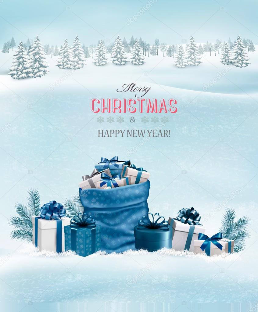 Christmas background with a winter landscape and blue sack full 