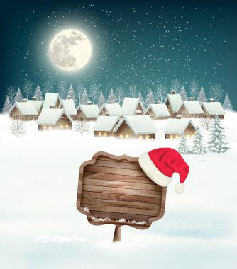 Ahşap işareti ile kış Köyü gece arka plan. Vektör.