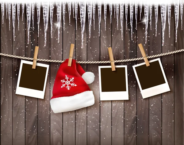 Χριστούγεννα φόντο με φωτογραφίες και ένα καπέλο santa. Διάνυσμα. — Διανυσματικό Αρχείο
