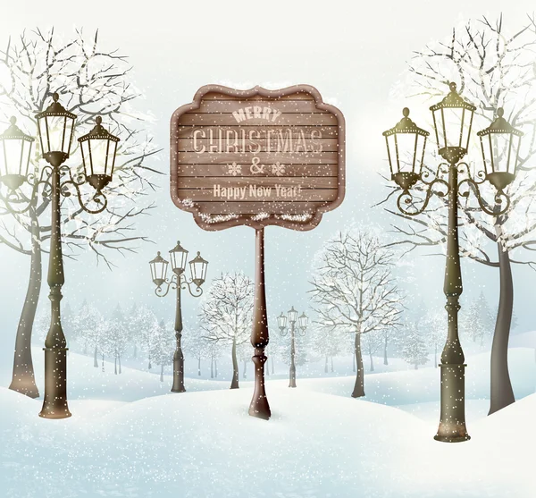 Christmas winter landscape with lampposts and wooden sign. Vecto — Stock Vector