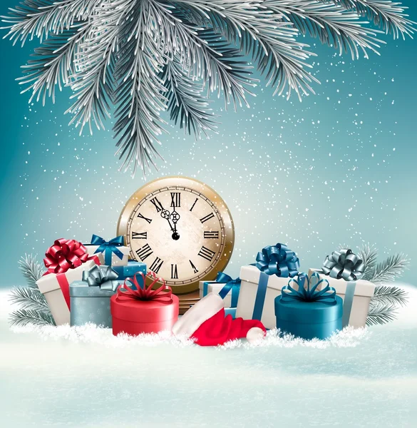 Fondo de invierno con regalos y reloj. Vector . — Archivo Imágenes Vectoriales